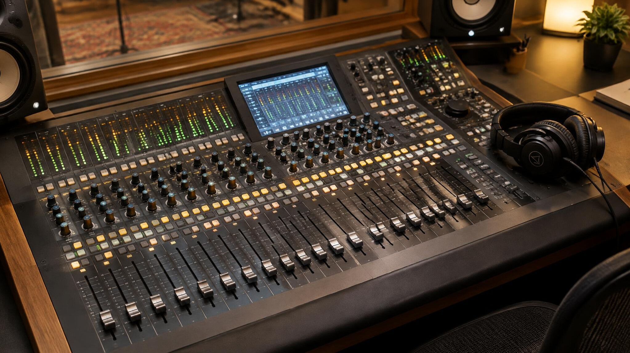 Audio mixing console in a sound control room