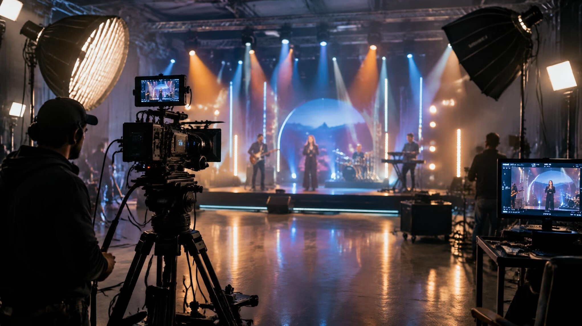 Film crew with camera and studio lights on a production set