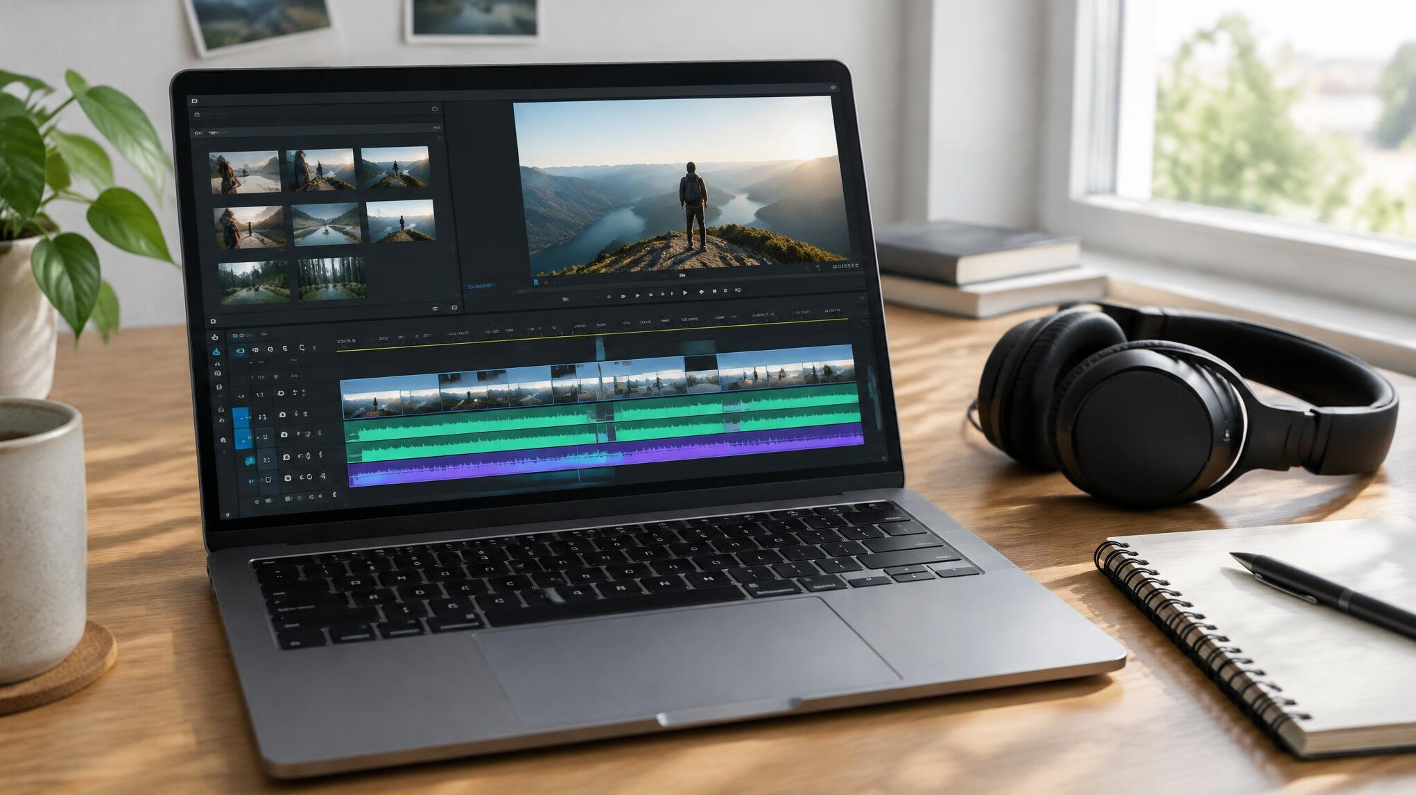 Laptop with video editing timeline on a desk