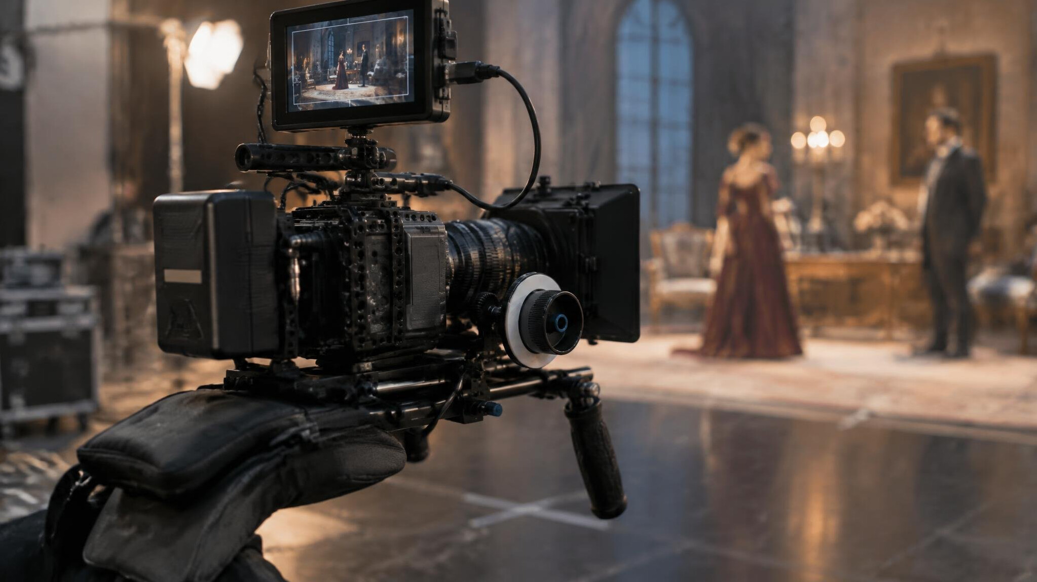 Film camera operator rig on a set