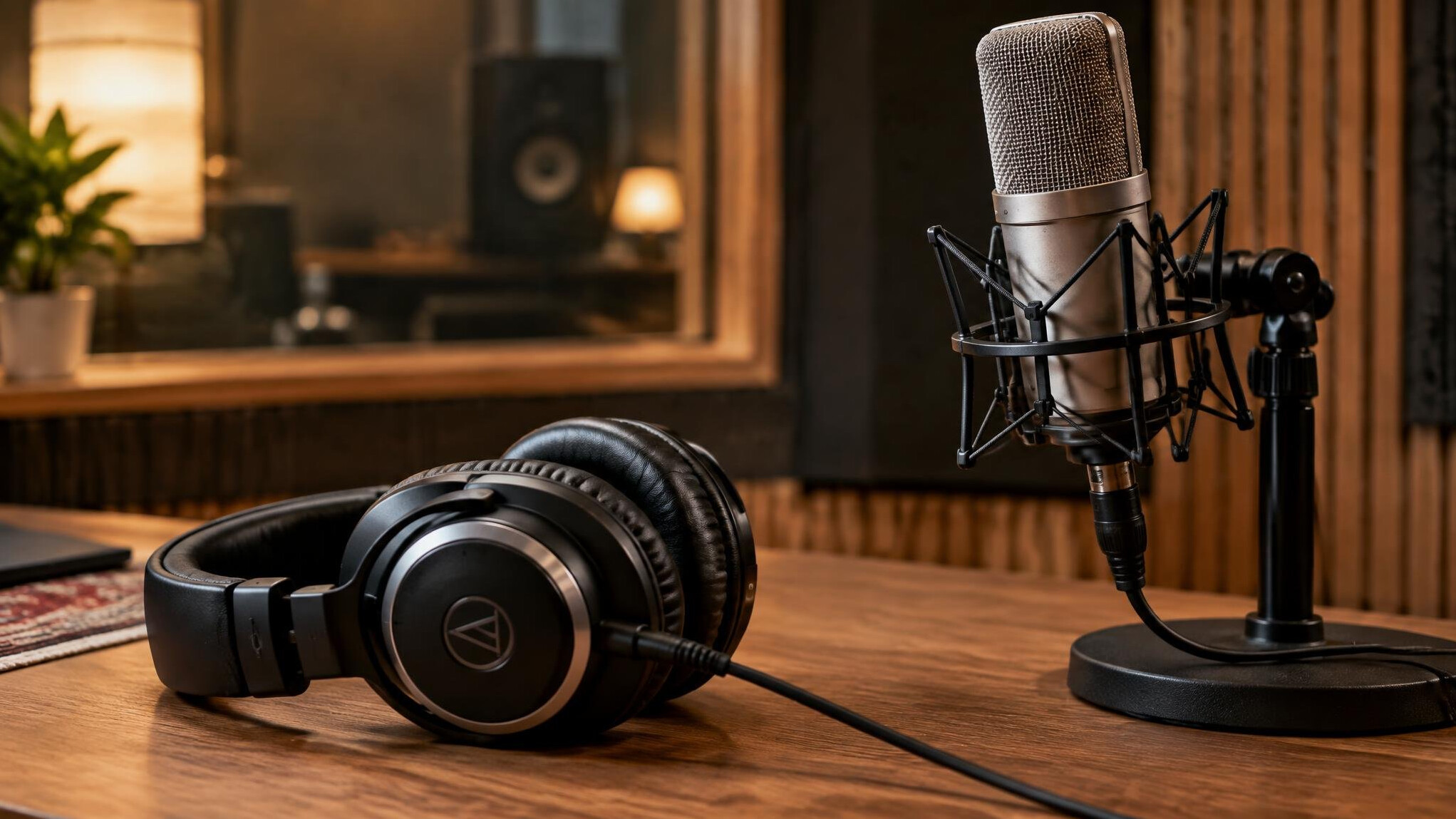 Studio headphones and microphone for sound check